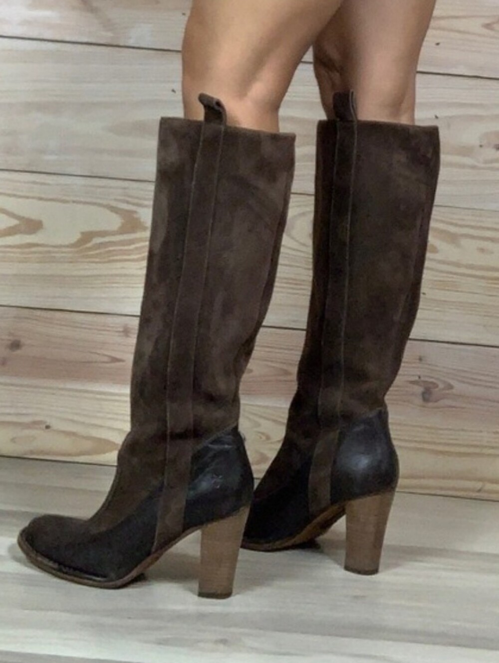 Frye Villager Pull On Tall Boots Leather Suede Heels Brown Size 6 - Picture 12 of 15